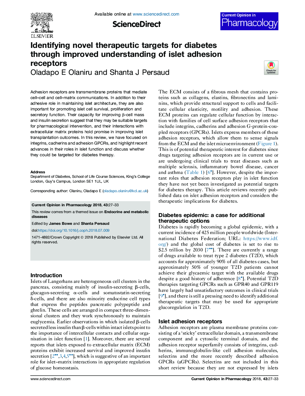 Identifying novel therapeutic targets for diabetes through improved understanding of islet adhesion receptors