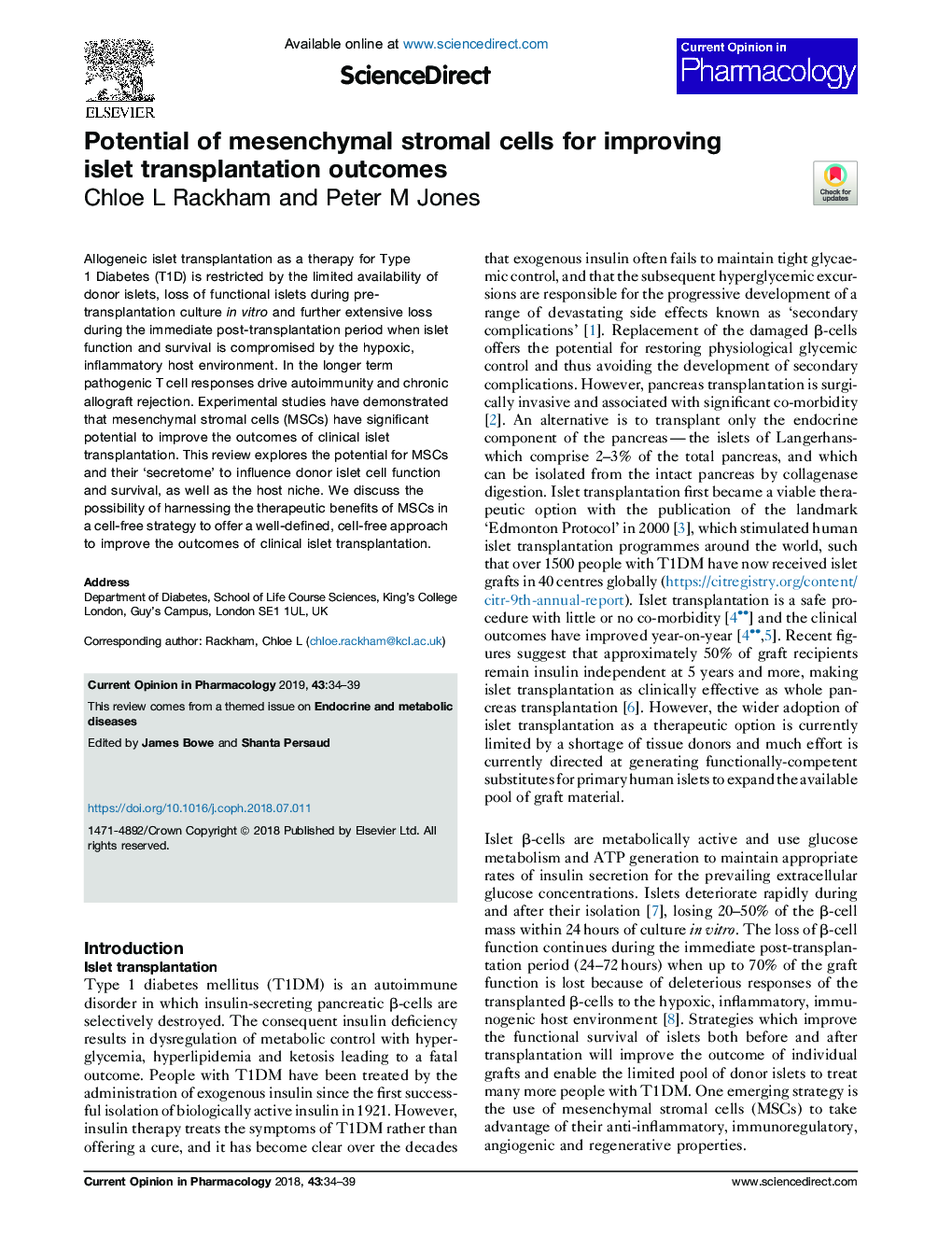 Potential of mesenchymal stromal cells for improving islet transplantation outcomes