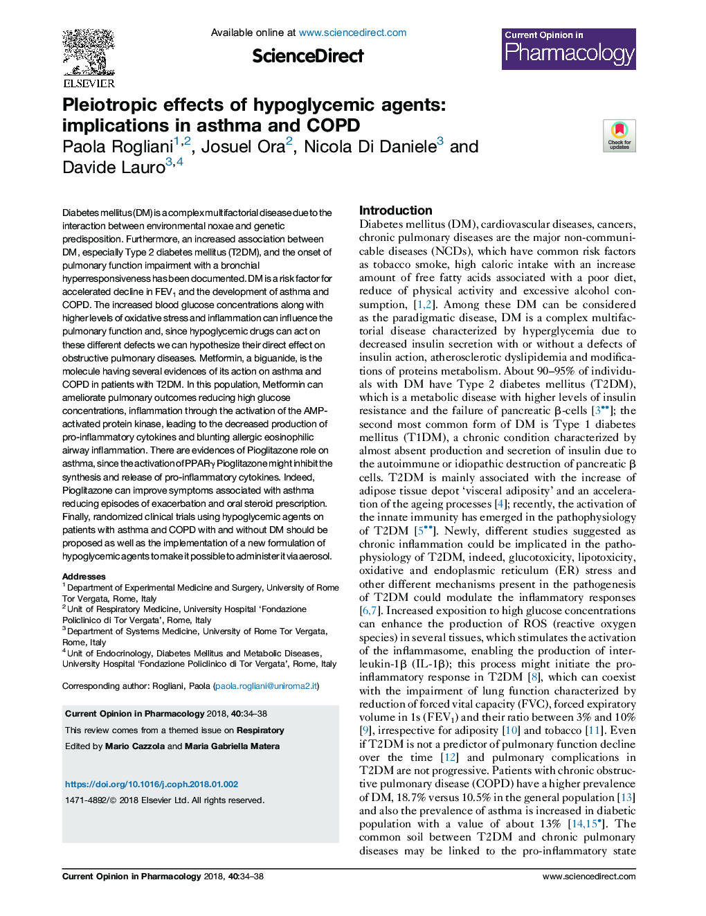 Pleiotropic effects of hypoglycemic agents: implications in asthma and COPD
