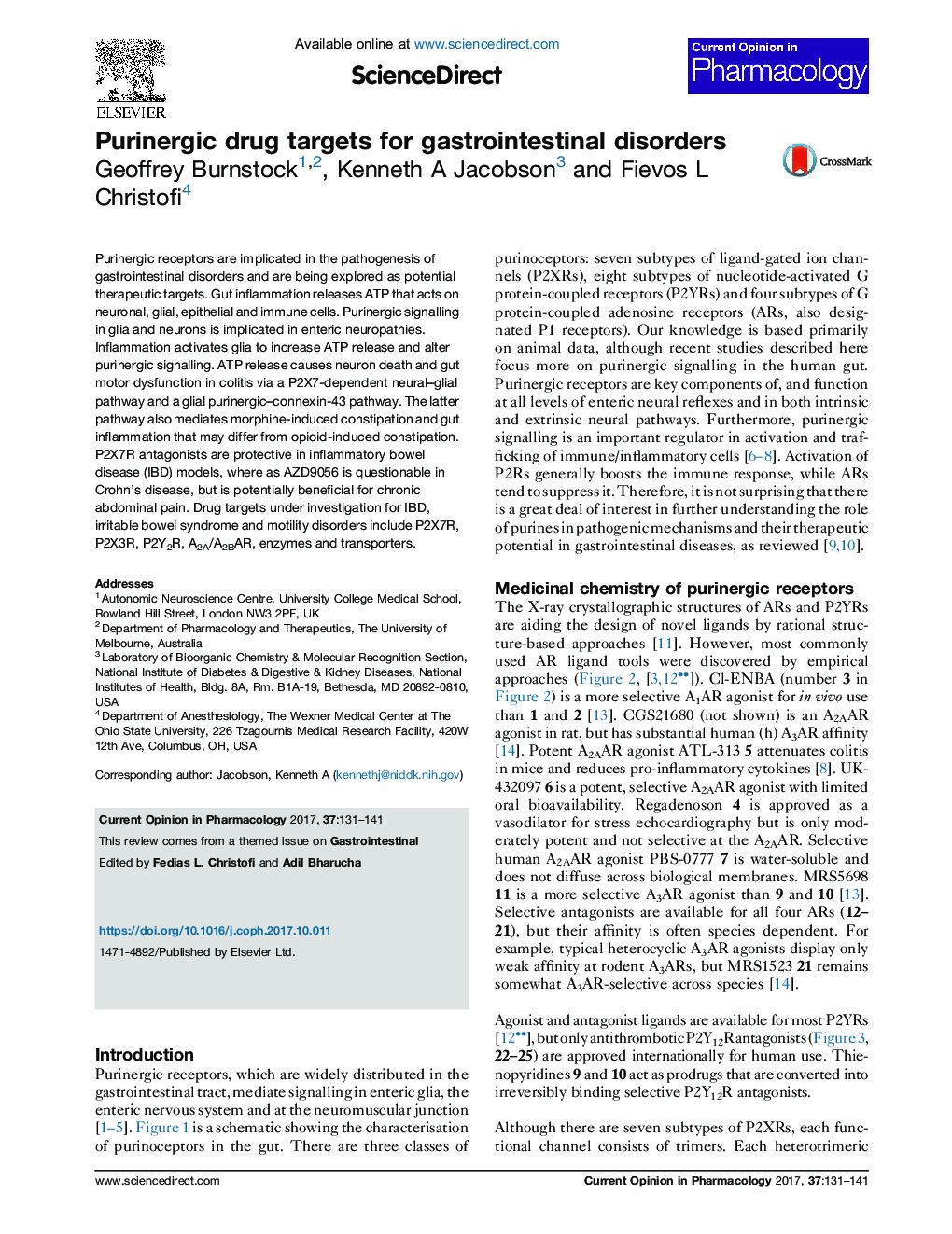 Purinergic drug targets for gastrointestinal disorders