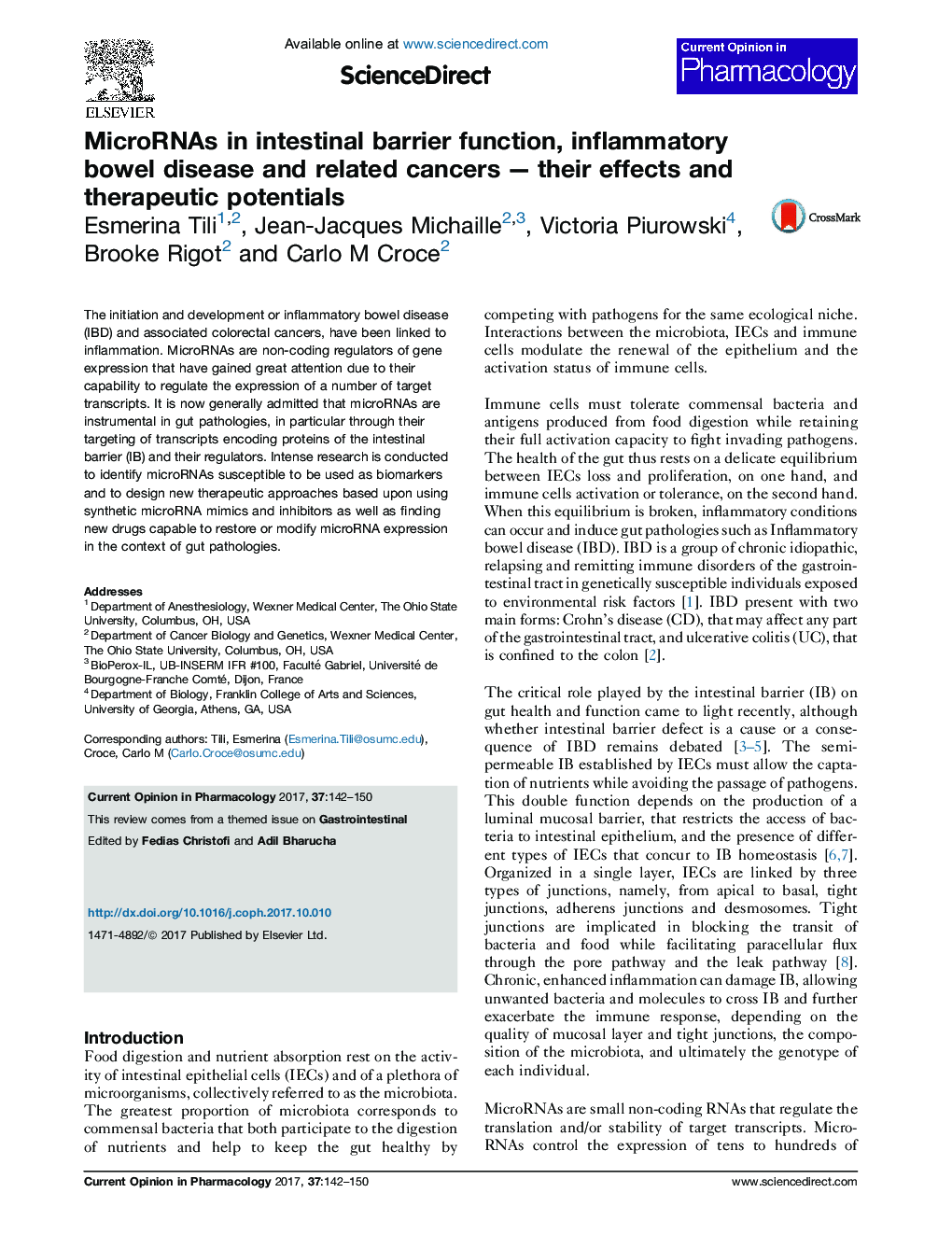MicroRNAs in intestinal barrier function, inflammatory bowel disease and related cancersÂ -Â their effects and therapeutic potentials