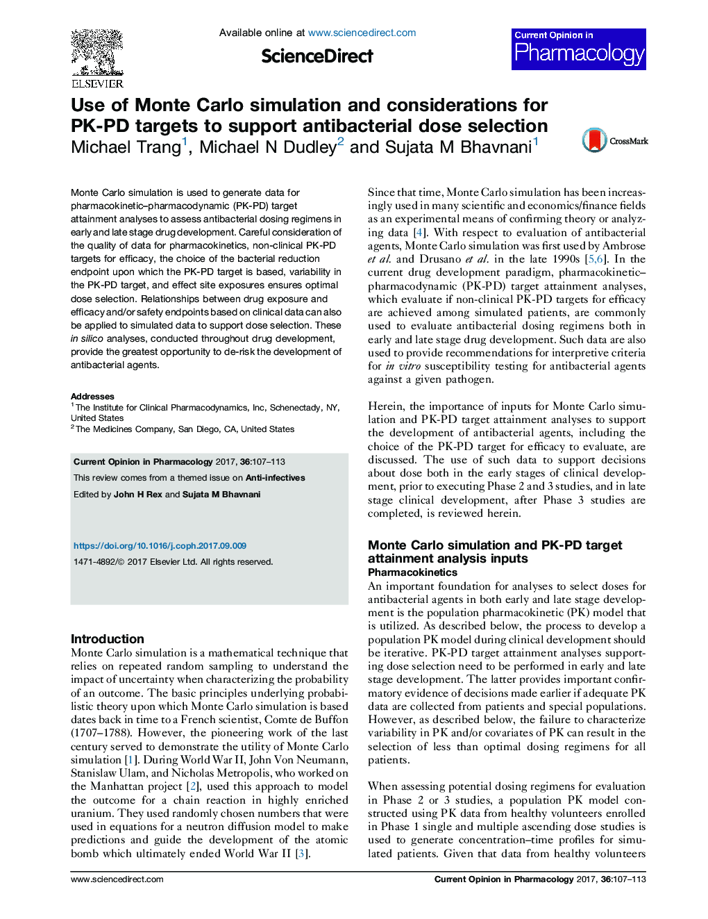 عکس صفحه اول مقاله: Use of Monte Carlo simulation and considerations for PK-PD targets to support antibacterial dose selection Use of Monte Carlo simulation and considerations for PK-PD targets to support antibacterial dose selection