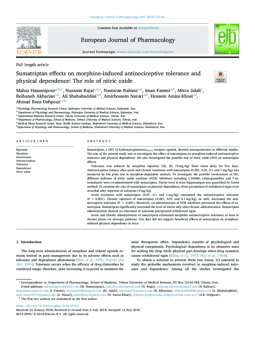 Sumatriptan effects on morphine-induced antinociceptive tolerance and physical dependence: The role of nitric oxide