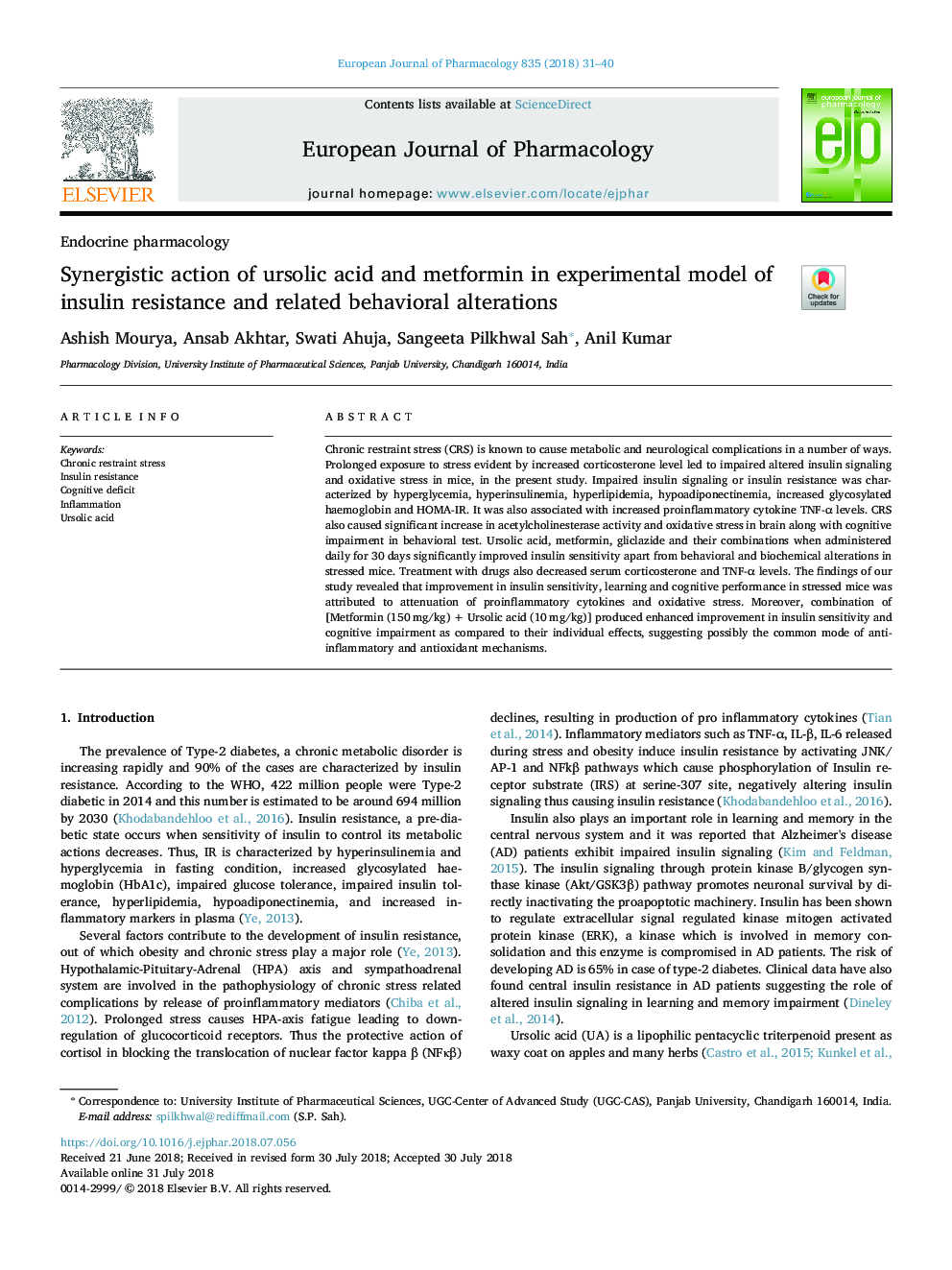 Synergistic action of ursolic acid and metformin in experimental model of insulin resistance and related behavioral alterations