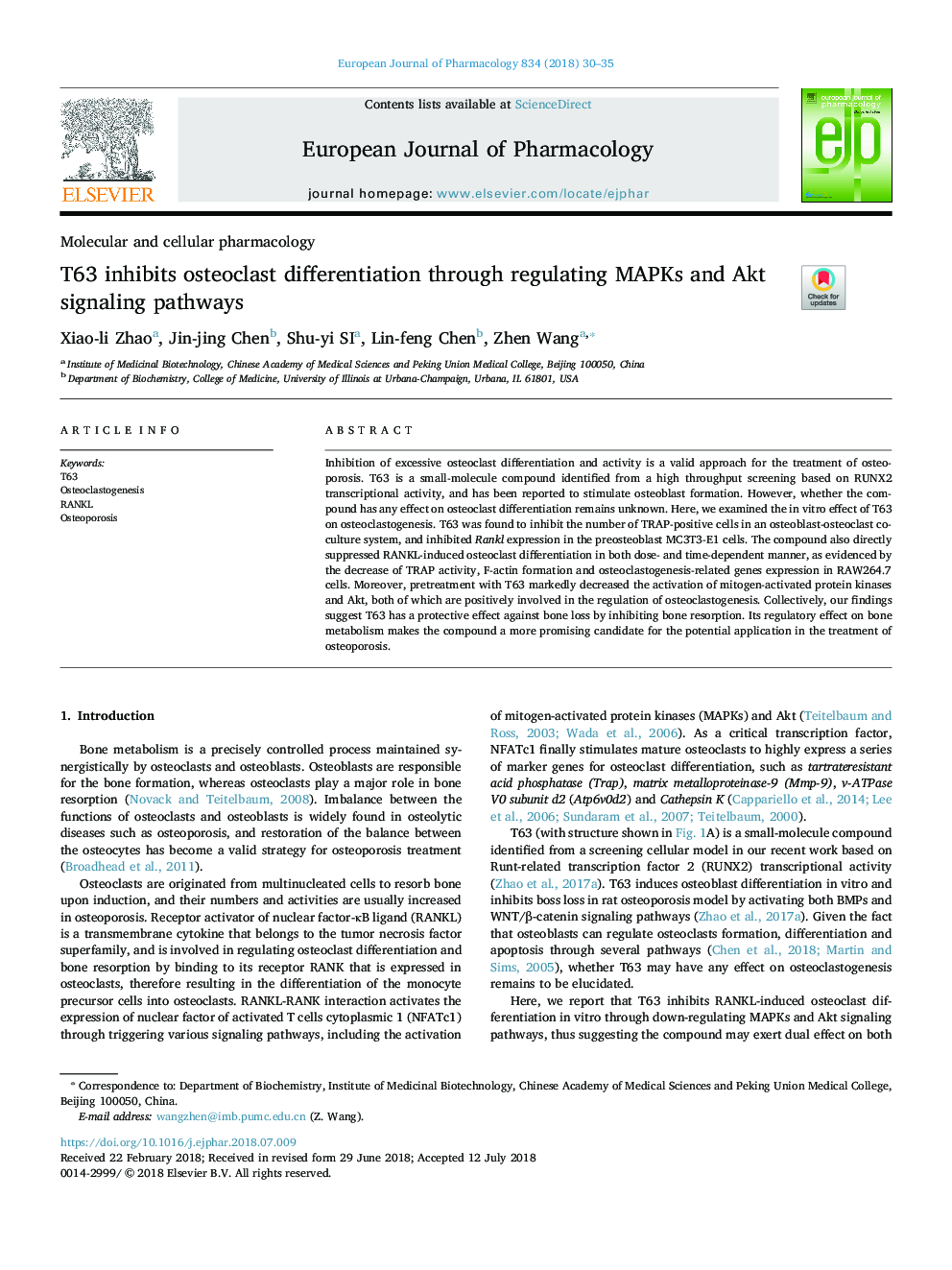 T63 inhibits osteoclast differentiation through regulating MAPKs and Akt signaling pathways