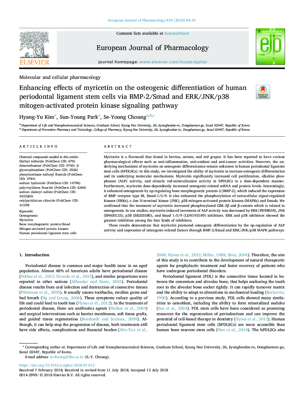 Enhancing effects of myricetin on the osteogenic differentiation of human periodontal ligament stem cells via BMP-2/Smad and ERK/JNK/p38 mitogen-activated protein kinase signaling pathway