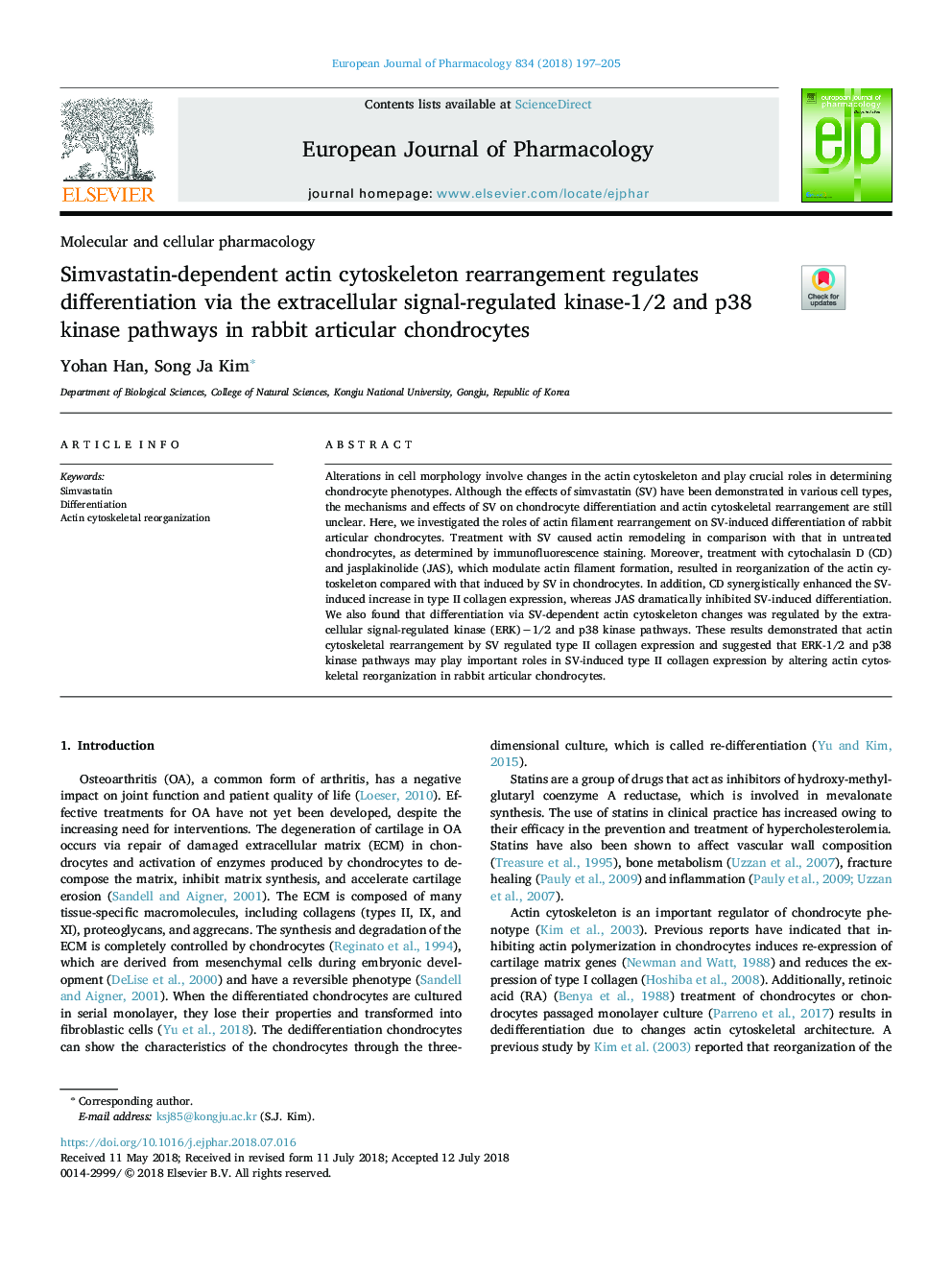 Simvastatin-dependent actin cytoskeleton rearrangement regulates differentiation via the extracellular signal-regulated kinase-1/2 and p38 kinase pathways in rabbit articular chondrocytes