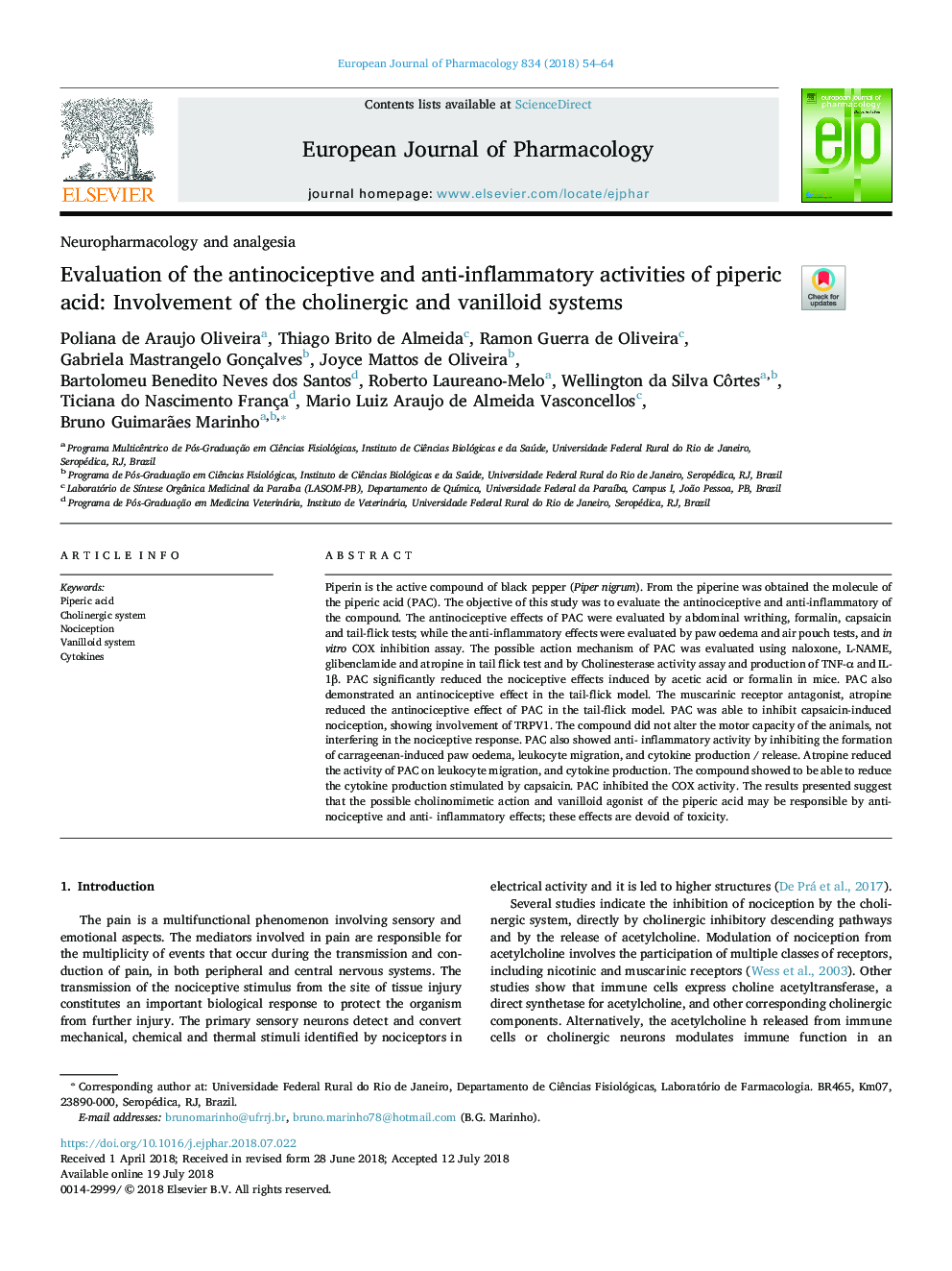 Evaluation of the antinociceptive and anti-inflammatory activities of piperic acid: Involvement of the cholinergic and vanilloid systems