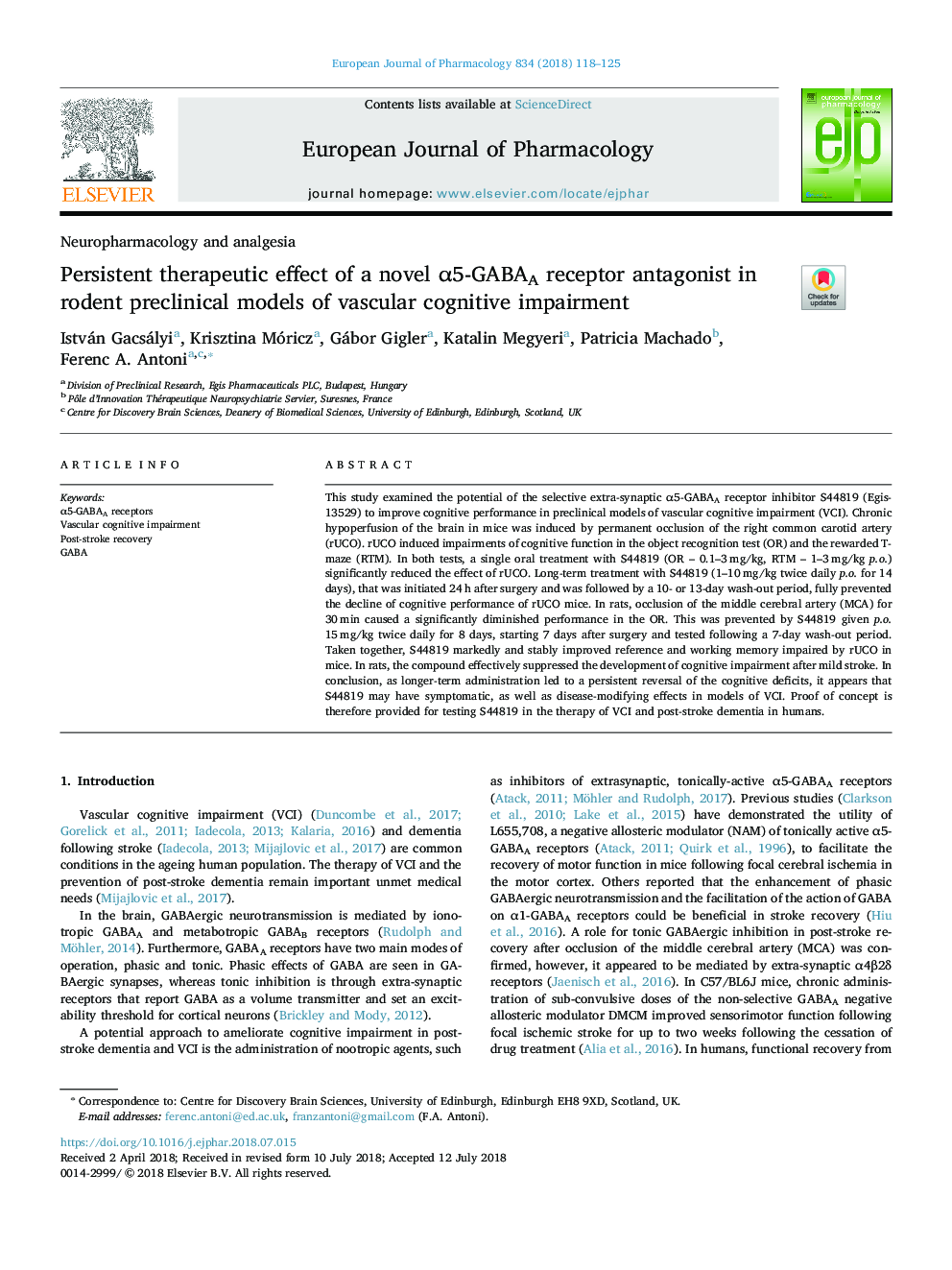 Persistent therapeutic effect of a novel Î±5-GABAA receptor antagonist in rodent preclinical models of vascular cognitive impairment