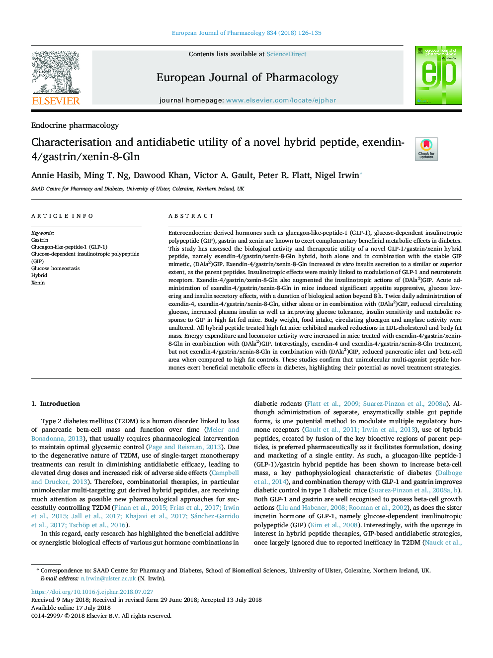 Characterisation and antidiabetic utility of a novel hybrid peptide, exendin-4/gastrin/xenin-8-Gln
