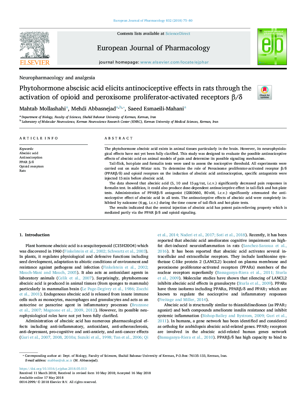 Phytohormone abscisic acid elicits antinociceptive effects in rats through the activation of opioid and peroxisome proliferator-activated receptors Î²/Î´