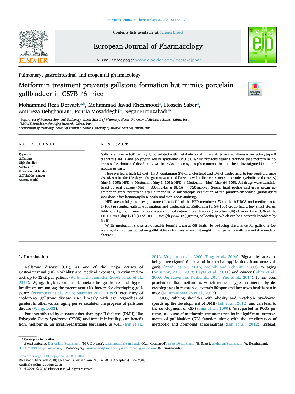 Metformin treatment prevents gallstone formation but mimics porcelain gallbladder in C57Bl/6 mice