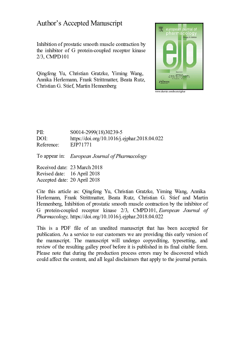 Inhibition of prostatic smooth muscle contraction by the inhibitor of G protein-coupled receptor kinase 2/3, CMPD101