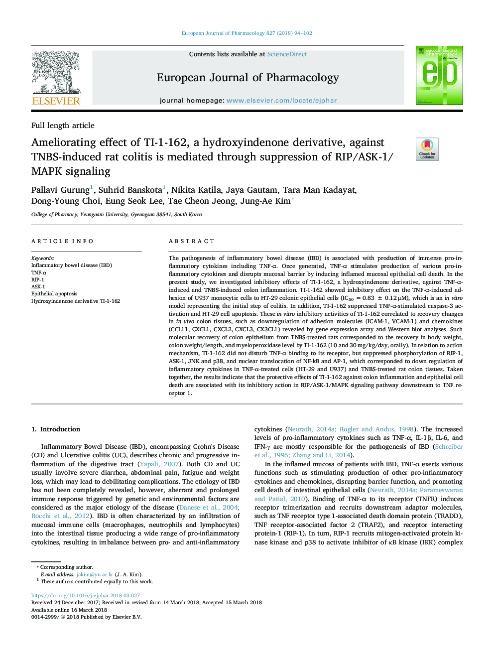 Ameliorating effect of TI-1-162, a hydroxyindenone derivative, against TNBS-induced rat colitis is mediated through suppression of RIP/ASK-1/MAPK signaling