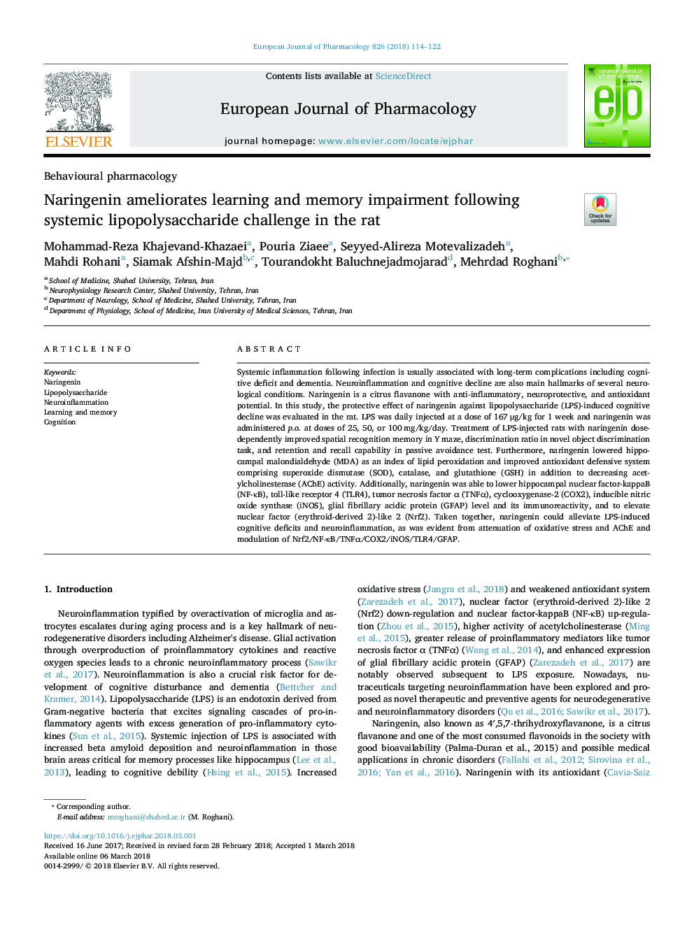 Naringenin ameliorates learning and memory impairment following systemic lipopolysaccharide challenge in the rat