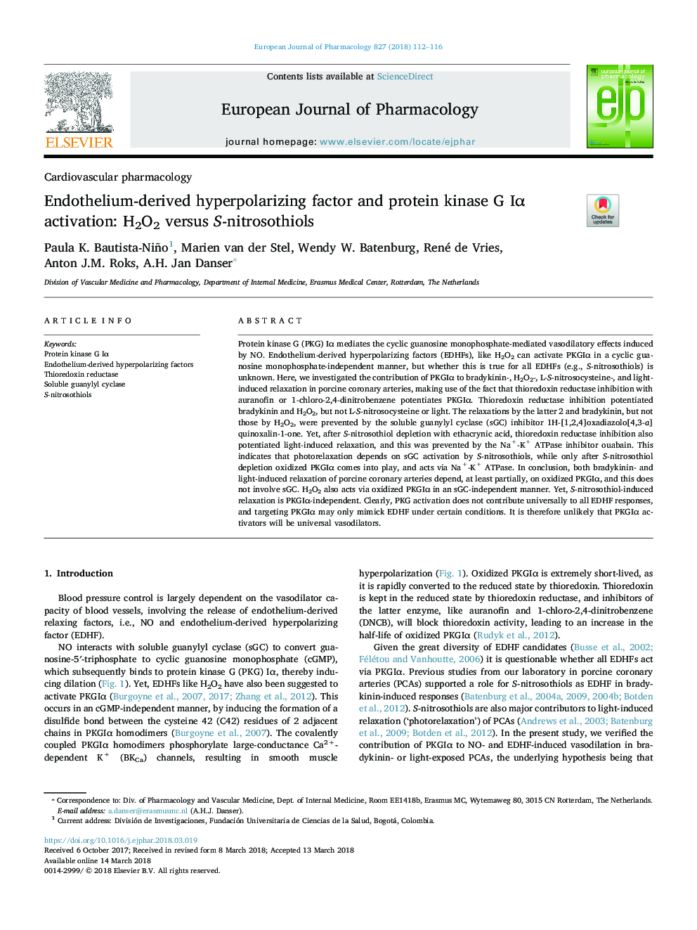 Endothelium-derived hyperpolarizing factor and protein kinase G IÎ± activation: H2O2 versus S-nitrosothiols