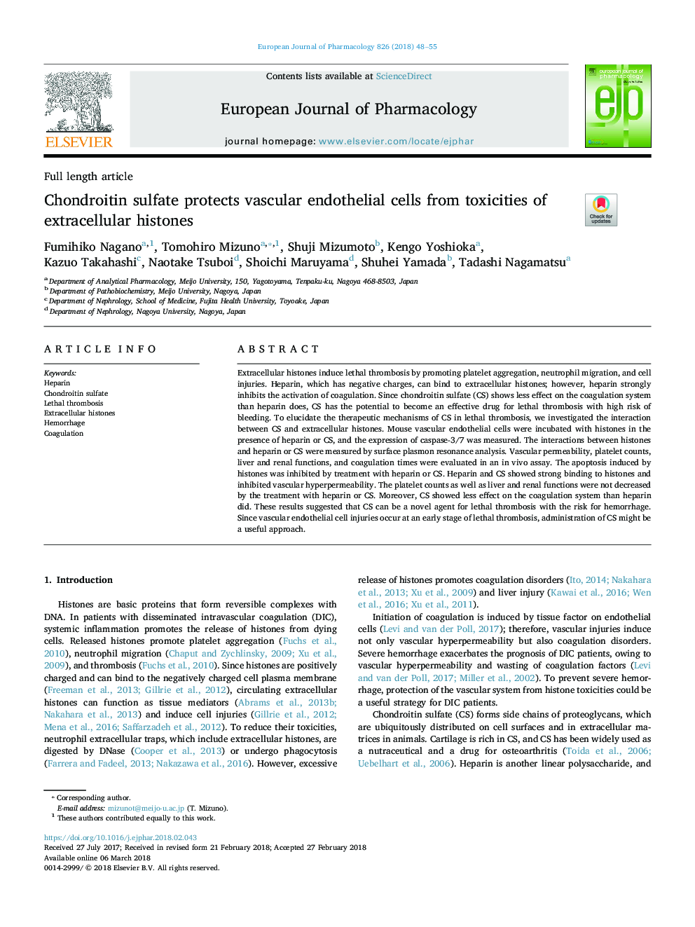 Chondroitin sulfate protects vascular endothelial cells from toxicities of extracellular histones