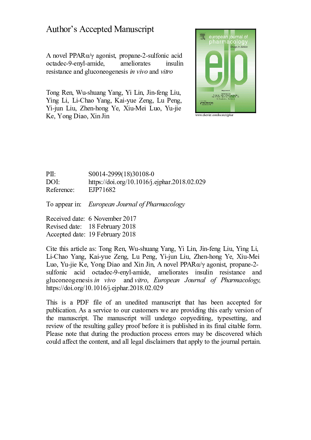 A novel PPARÎ±/Î³ agonist, propane-2-sulfonic acid octadec-9-enyl-amide, ameliorates insulin resistance and gluconeogenesis in vivo and vitro