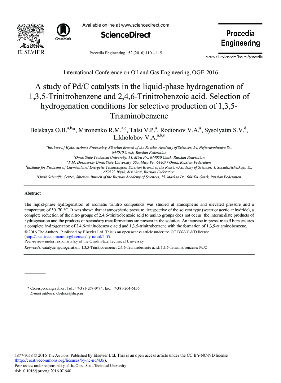 A Study of Pd/C Catalysts in the Liquid-phase Hydrogenation of 1,3,5-Trinitrobenzene and 2,4,6-Trinitrobenzoic Acid. Selection of Hydrogenation Conditions for Selective Production of 1,3,5-Triaminobenzene 