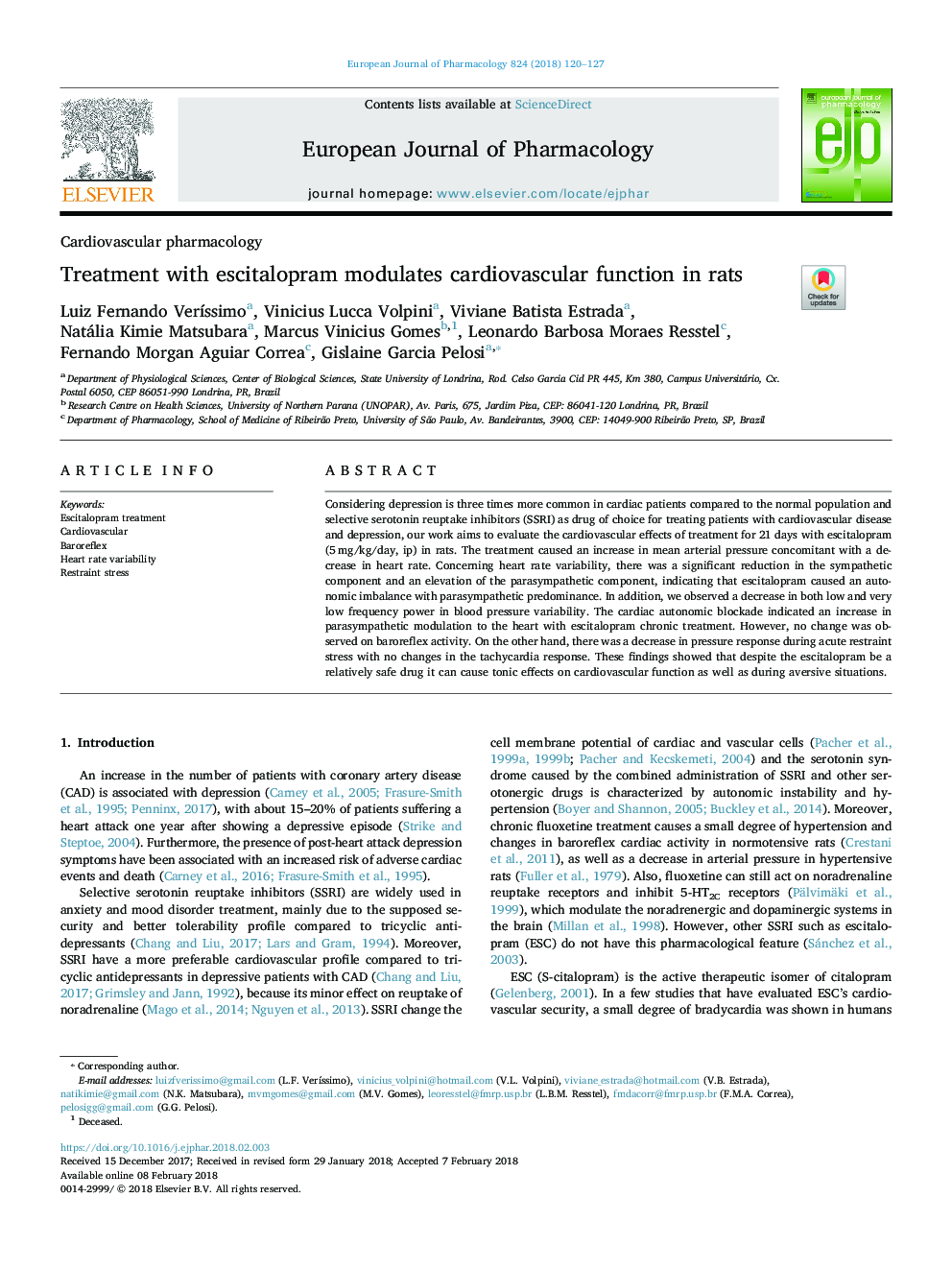 Treatment with escitalopram modulates cardiovascular function in rats