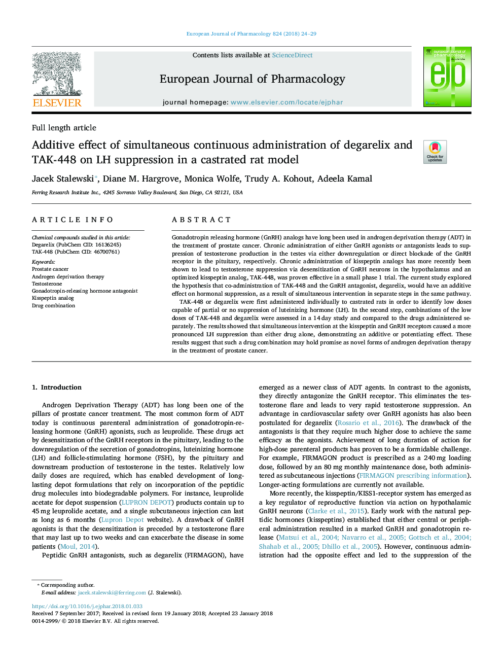 Additive effect of simultaneous continuous administration of degarelix and TAK-448 on LH suppression in a castrated rat model