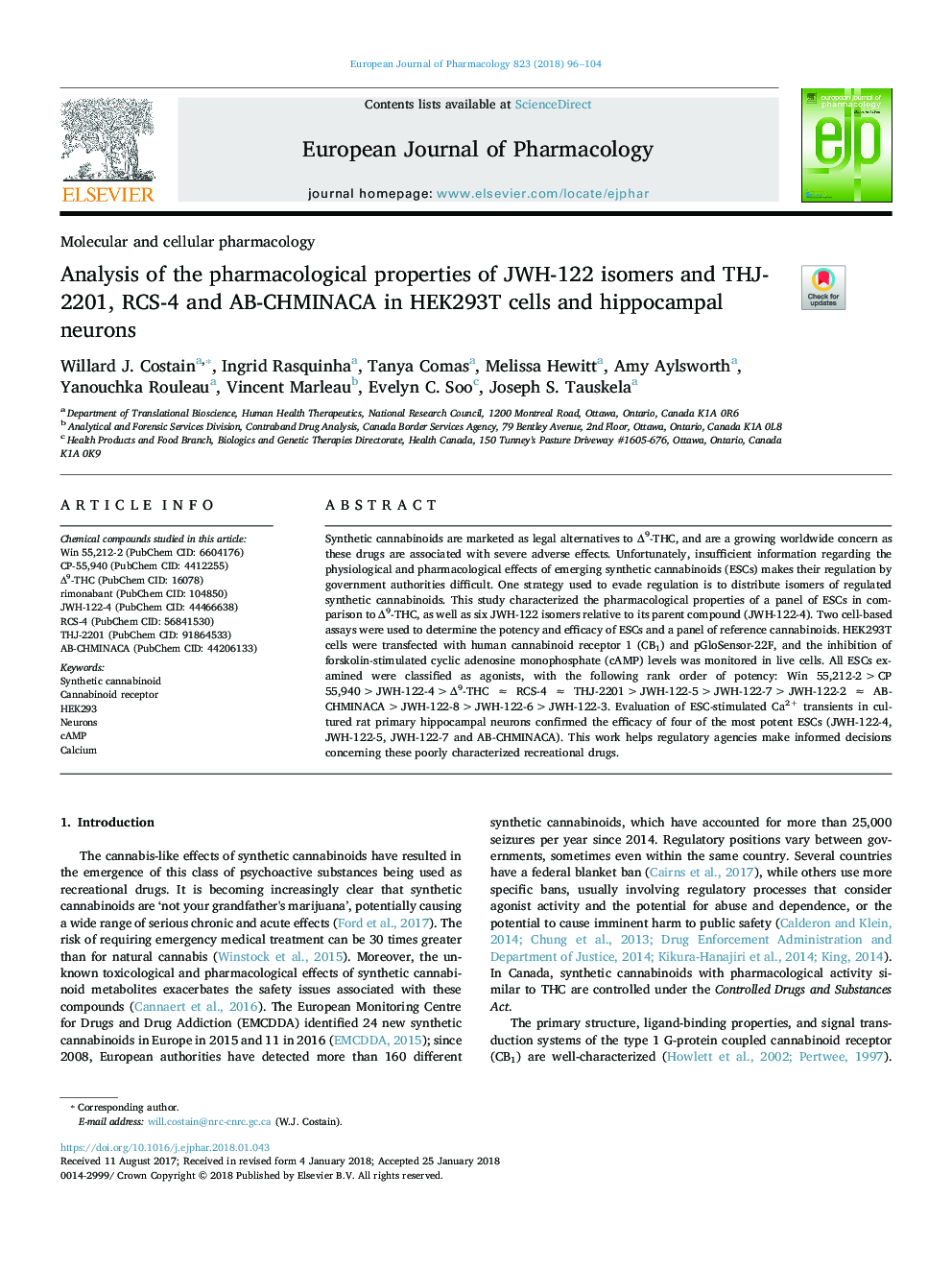 Analysis of the pharmacological properties of JWH-122 isomers and THJ-2201, RCS-4 and AB-CHMINACA in HEK293T cells and hippocampal neurons