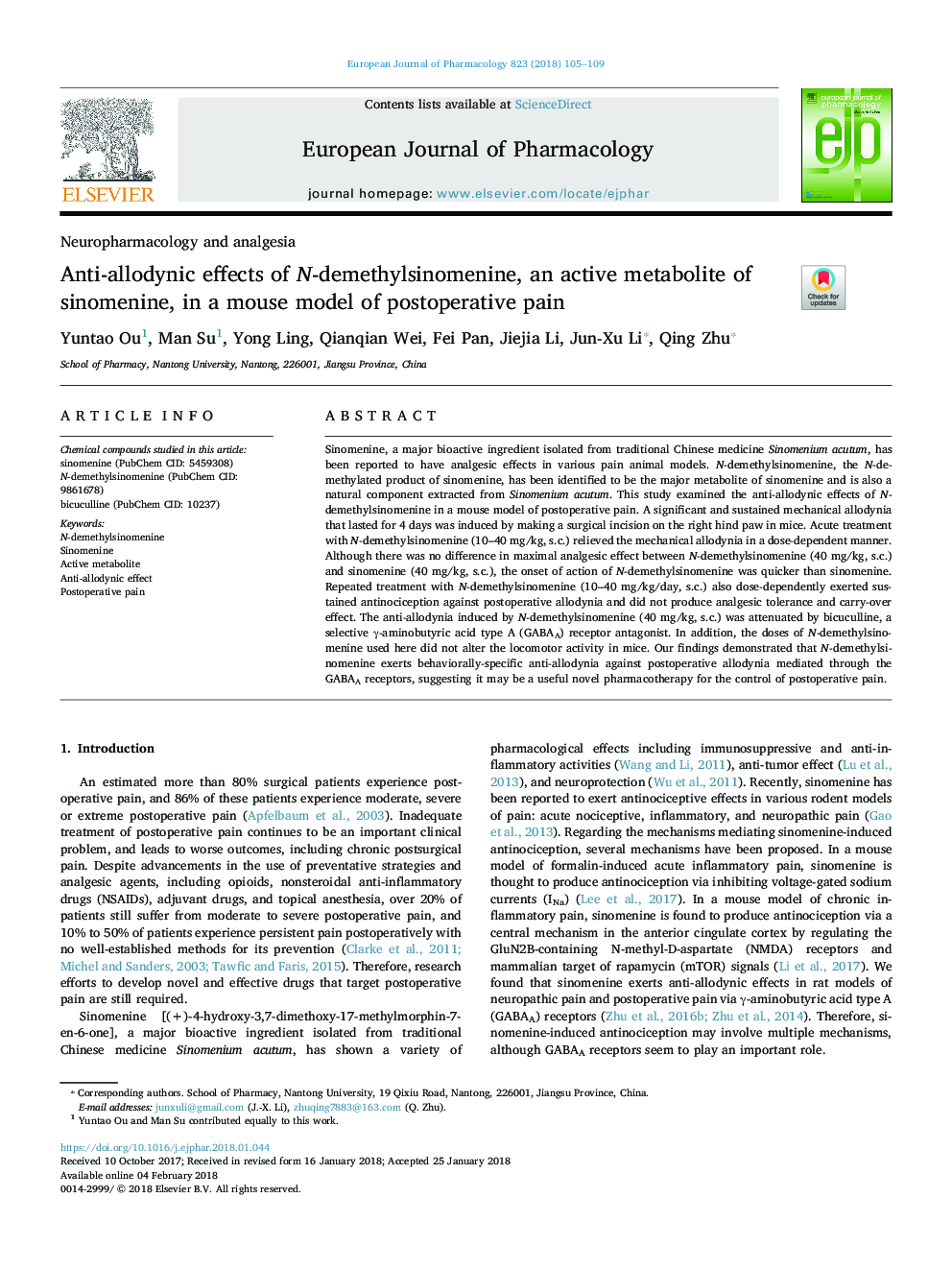 Anti-allodynic effects of N-demethylsinomenine, an active metabolite of sinomenine, in a mouse model of postoperative pain