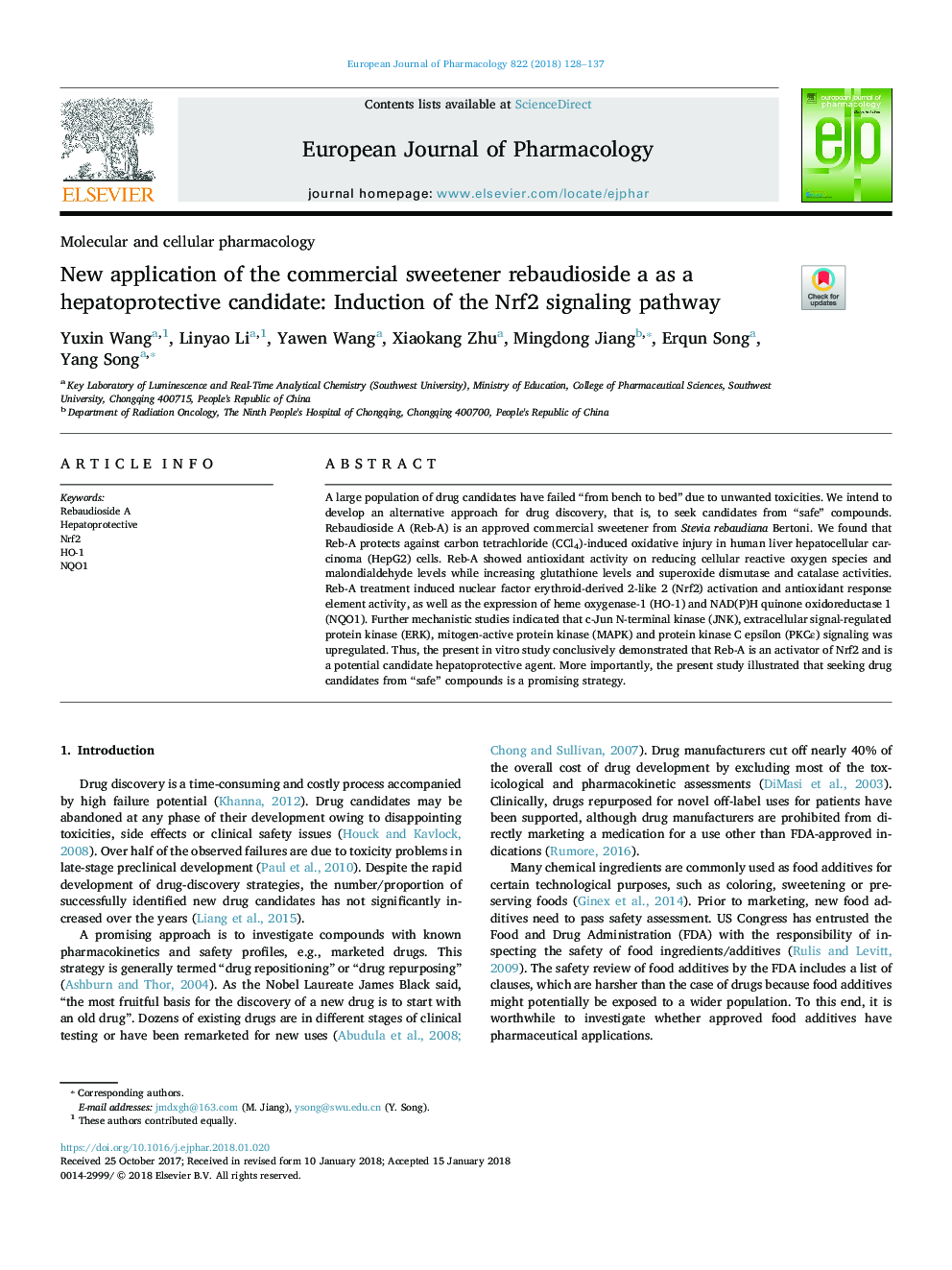 New application of the commercial sweetener rebaudioside a as a hepatoprotective candidate: Induction of the Nrf2 signaling pathway