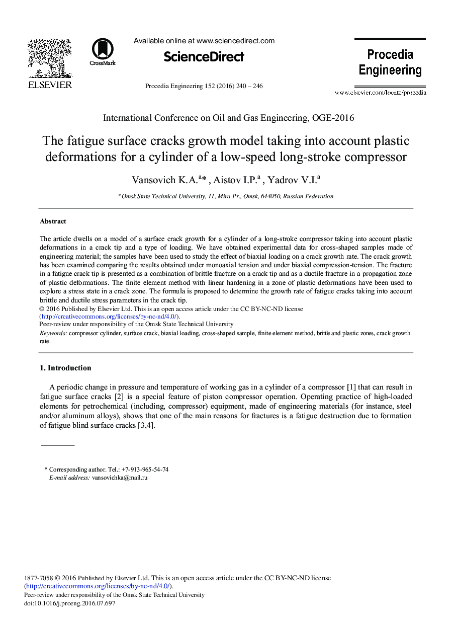 The Fatigue Surface Cracks Growth Model Taking into Account Plastic Deformations for a Cylinder of a Low-speed Long-stroke Compressor 