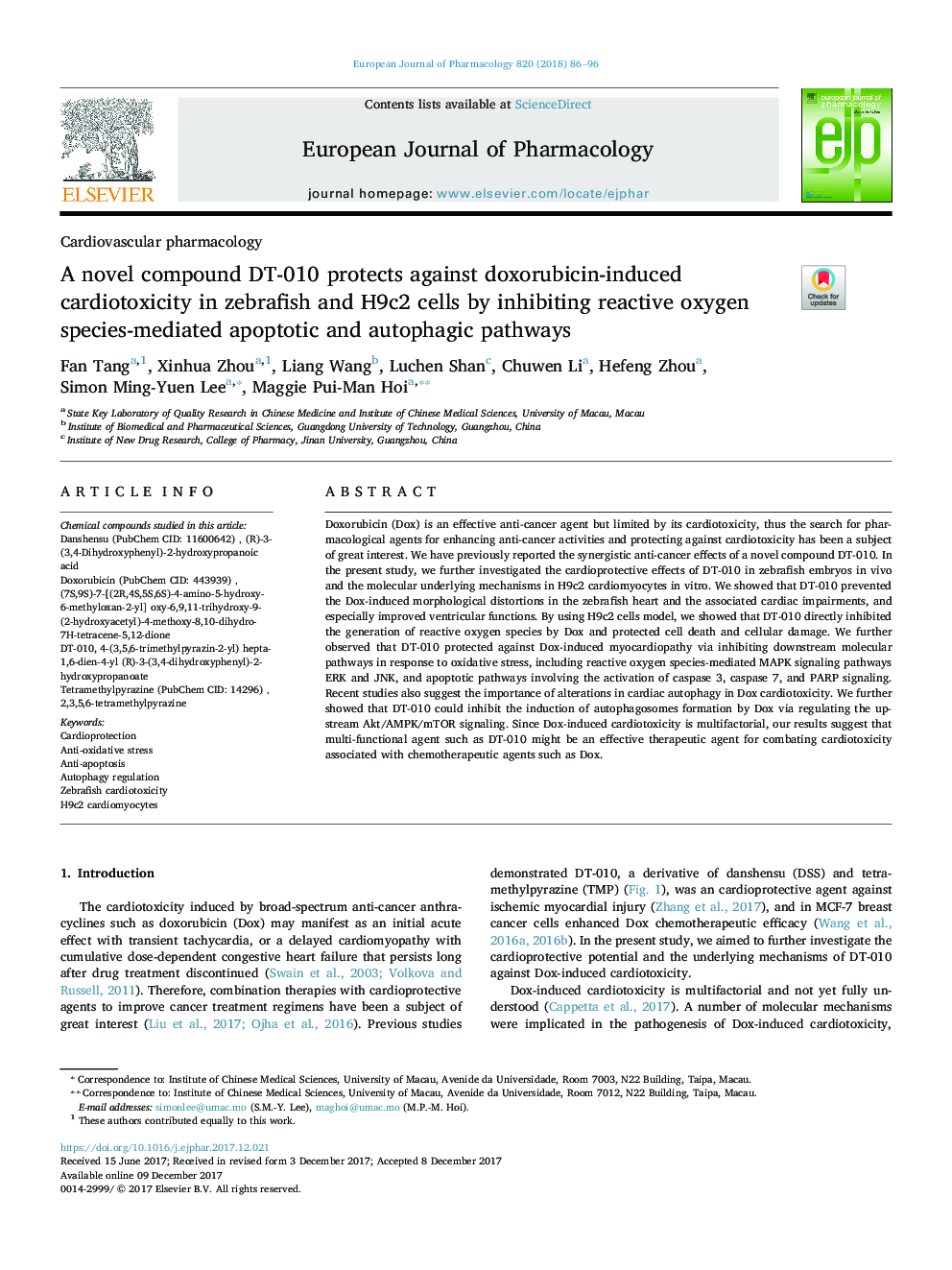 A novel compound DT-010 protects against doxorubicin-induced cardiotoxicity in zebrafish and H9c2 cells by inhibiting reactive oxygen species-mediated apoptotic and autophagic pathways