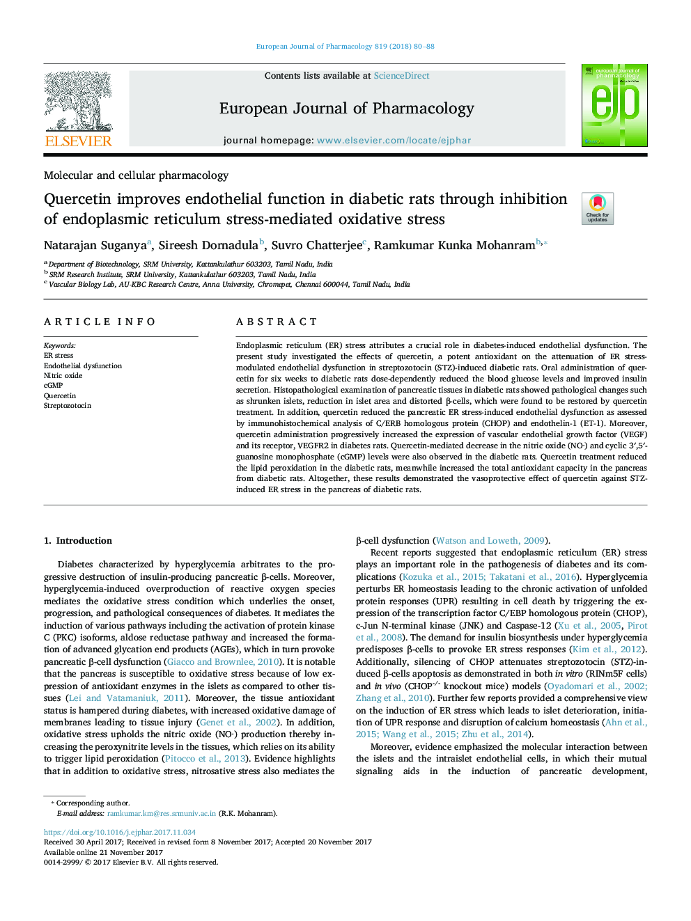 Quercetin improves endothelial function in diabetic rats through inhibition of endoplasmic reticulum stress-mediated oxidative stress