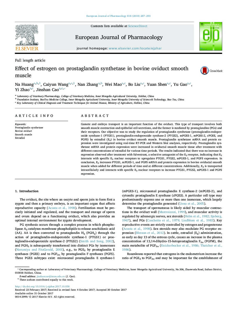 Effect of estrogen on prostaglandin synthetase in bovine oviduct smooth muscle