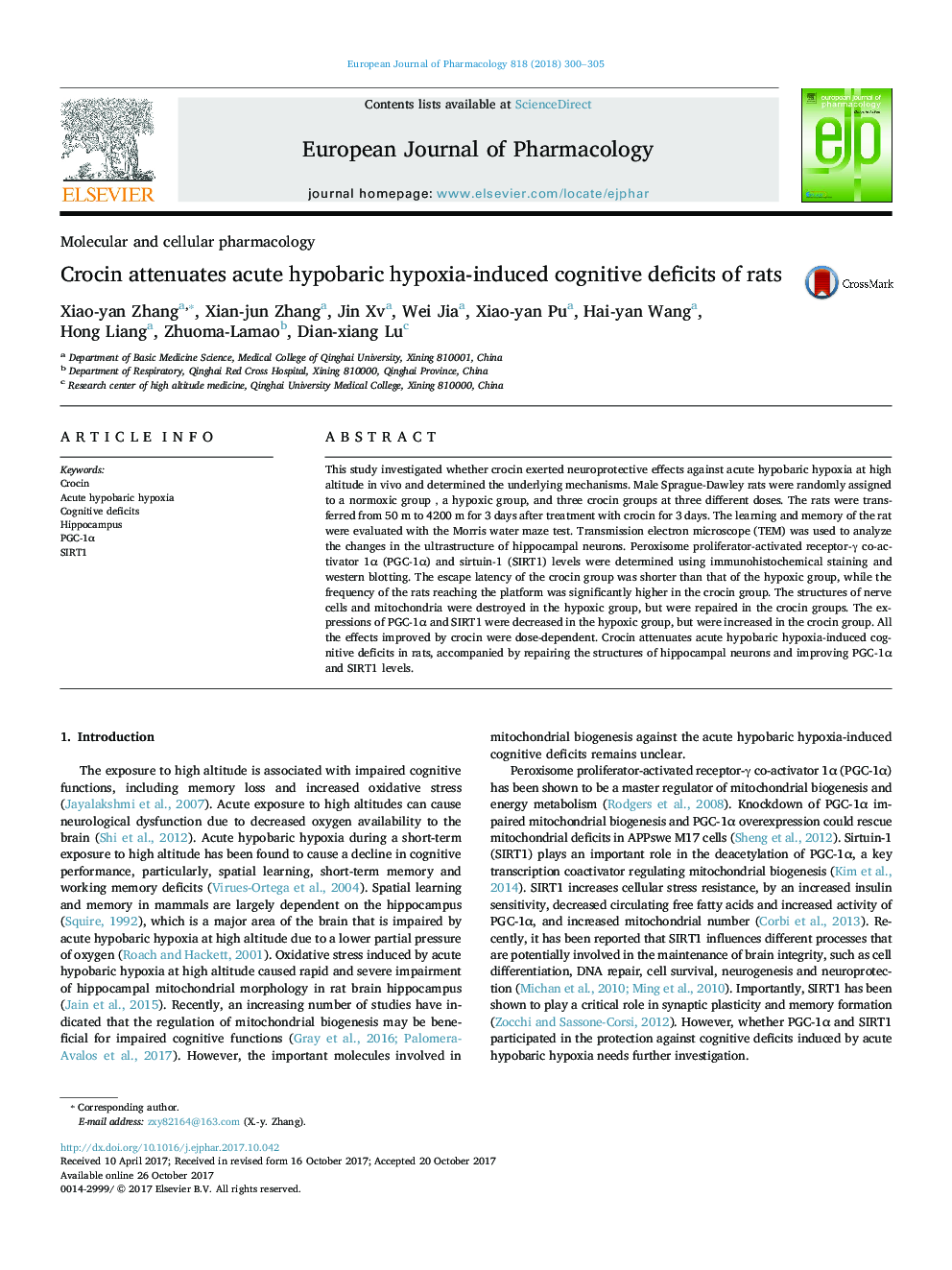 Crocin attenuates acute hypobaric hypoxia-induced cognitive deficits of rats