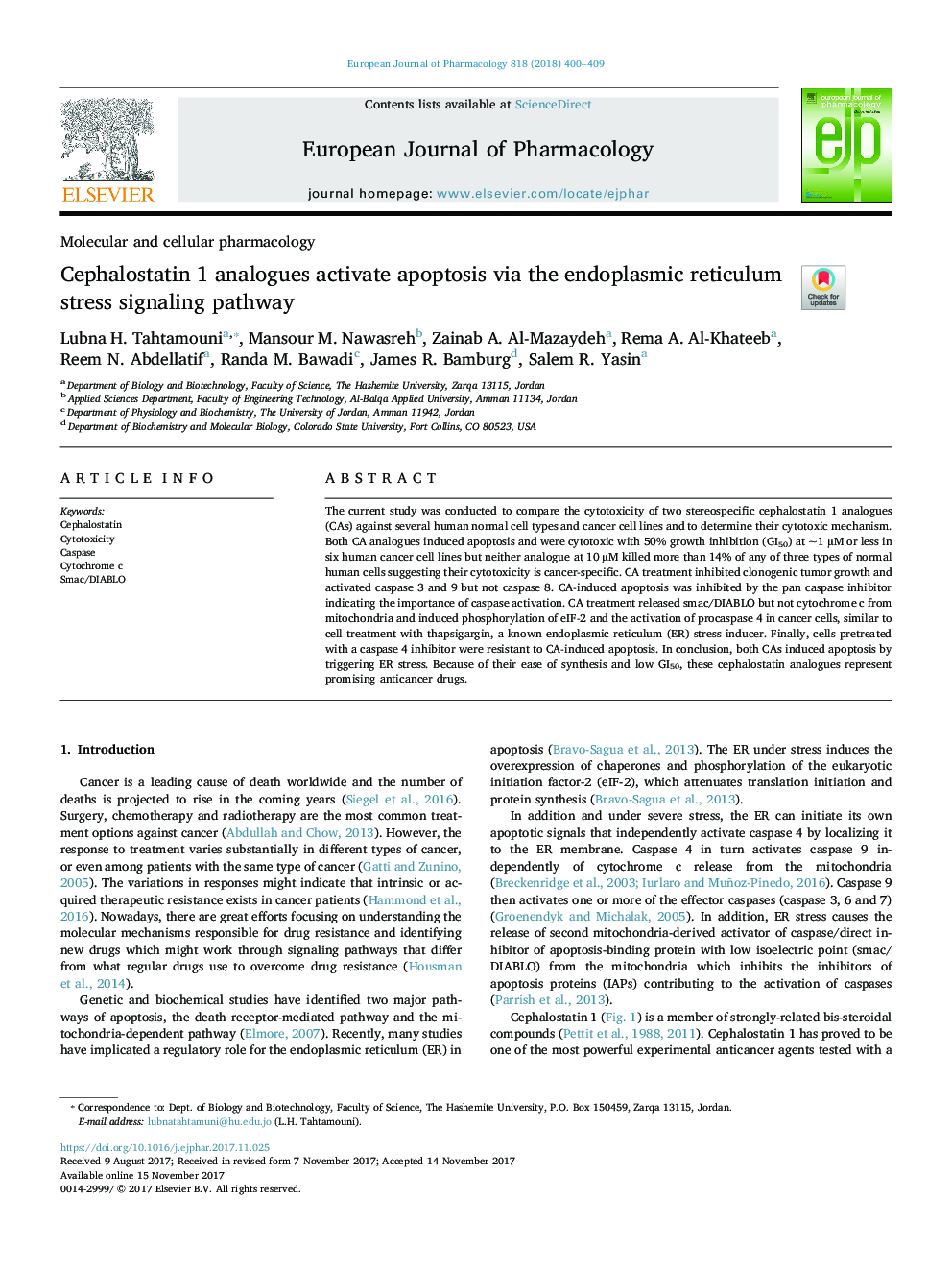 آنالوگهای سفالستاتین 1 آپوپتوز را از طریق مسیر سیگنالینگ تنش رتیکولوم آندوپلاسمی 