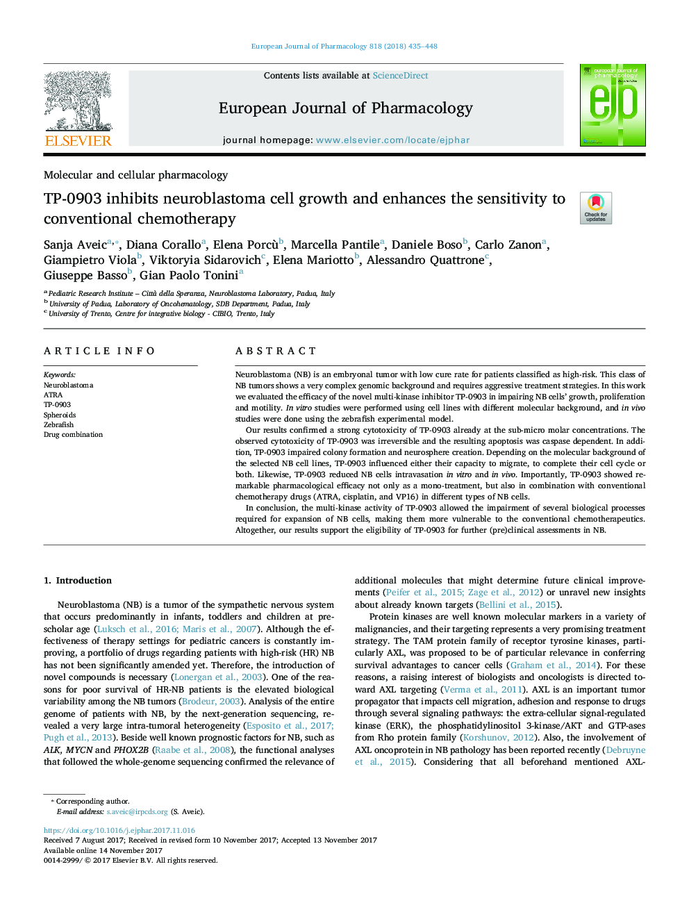 TP-0903 inhibits neuroblastoma cell growth and enhances the sensitivity to conventional chemotherapy