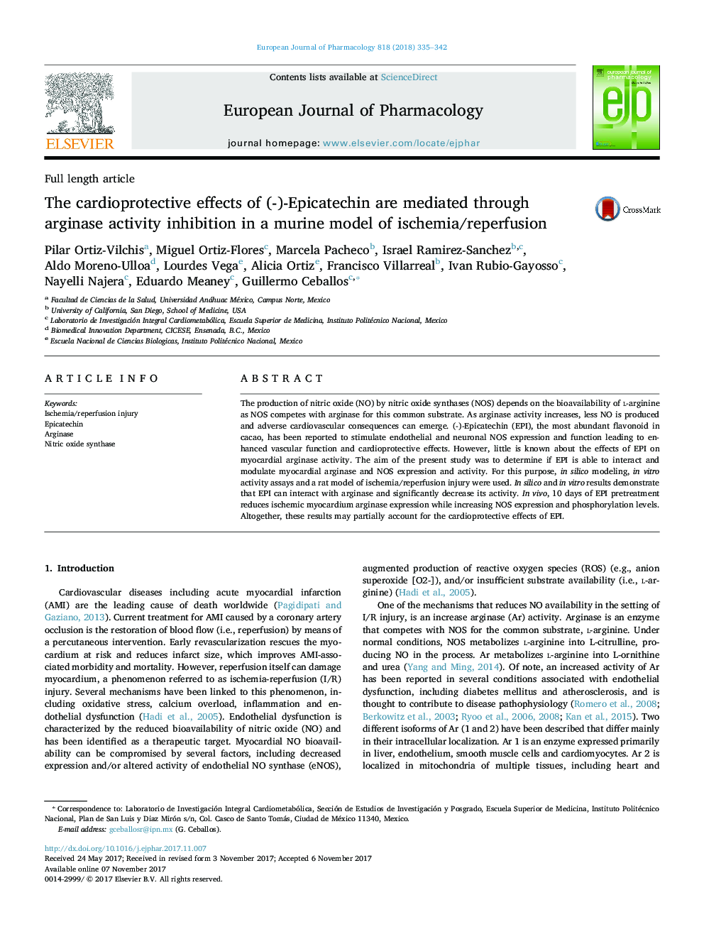 The cardioprotective effects of (-)-Epicatechin are mediated through arginase activity inhibition in a murine model of ischemia/reperfusion