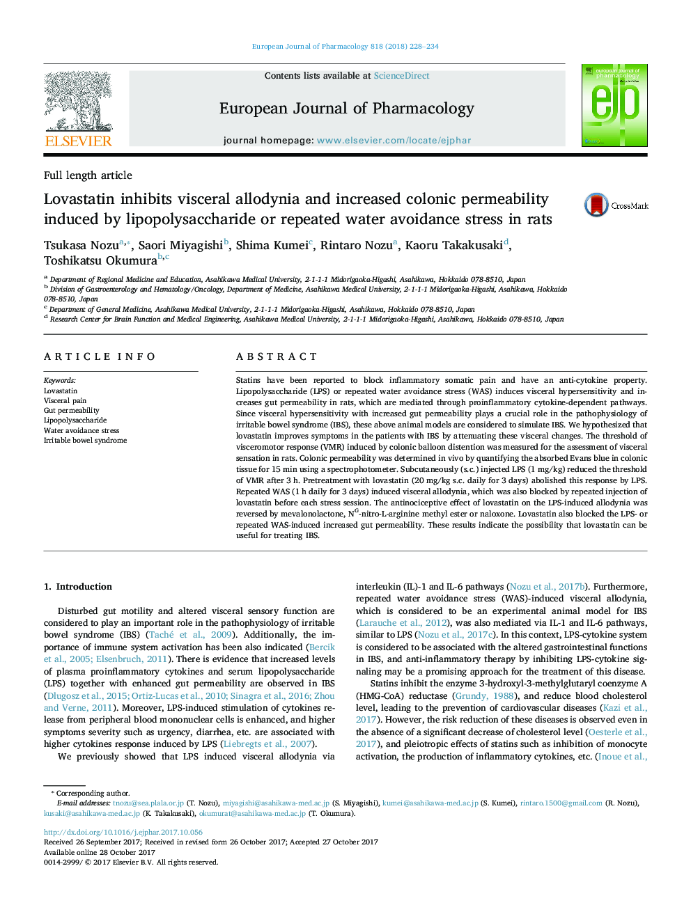 Lovastatin inhibits visceral allodynia and increased colonic permeability induced by lipopolysaccharide or repeated water avoidance stress in rats