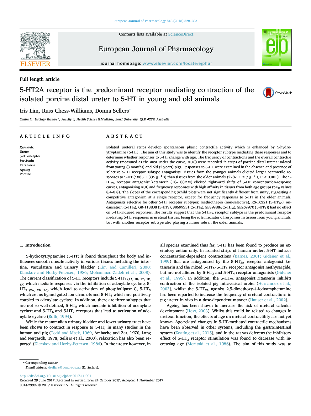 5-HT2A receptor is the predominant receptor mediating contraction of the isolated porcine distal ureter to 5-HT in young and old animals