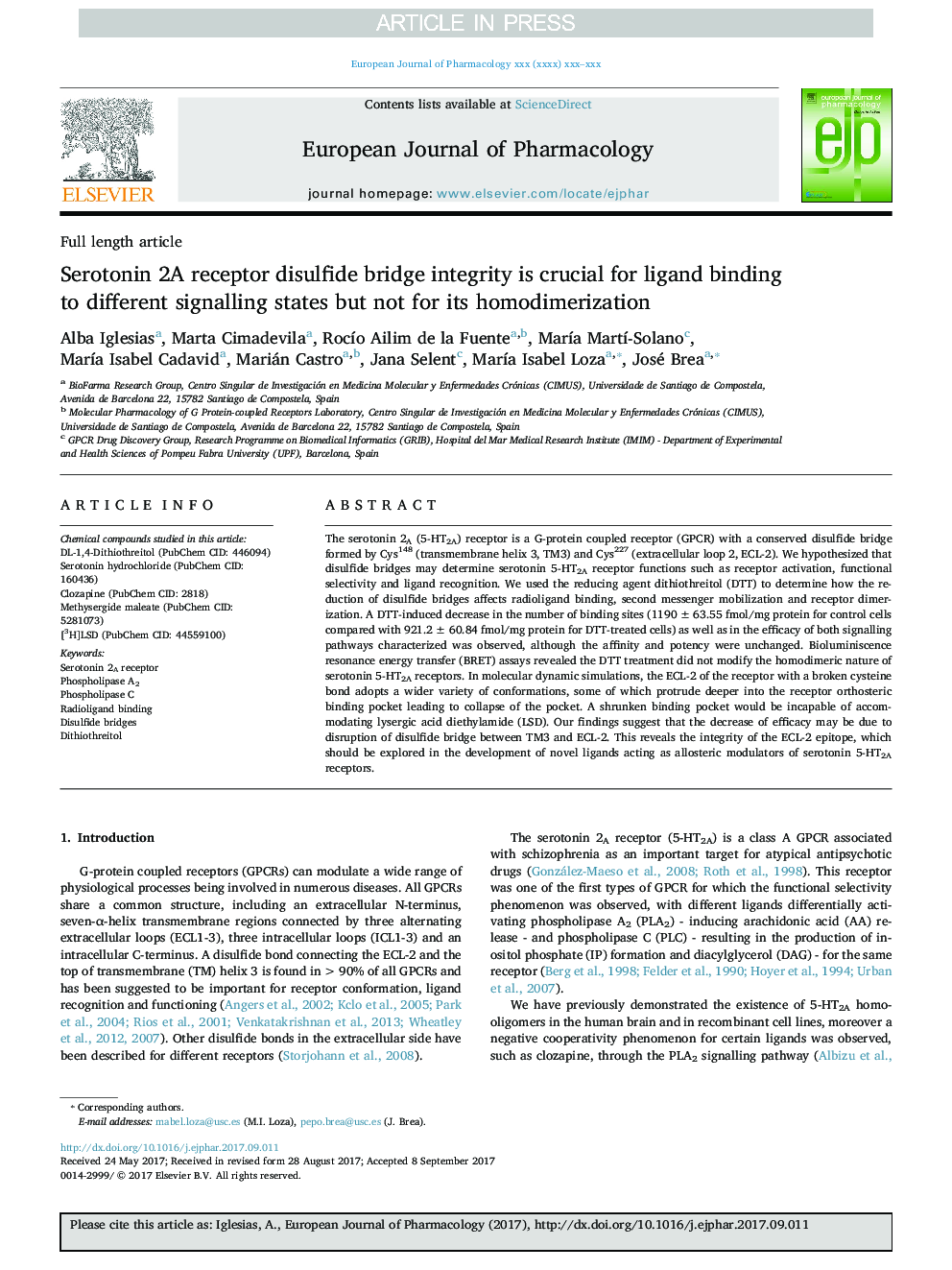 Serotonin 2A receptor disulfide bridge integrity is crucial for ligand binding to different signalling states but not for its homodimerization