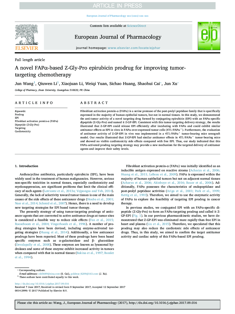 A novel FAPÎ±-based Z-Gly-Pro epirubicin prodrug for improving tumor-targeting chemotherapy