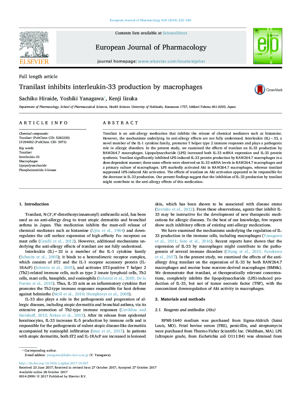 Tranilast inhibits interleukin-33 production by macrophages