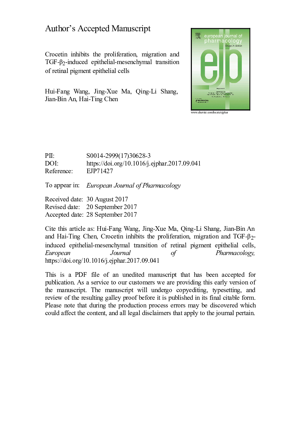 عکس صفحه اول مقاله: Crocetin inhibits the proliferation, migration and TGF-β2-induced epithelial-mesenchymal transition of retinal pigment epithelial cells Crocetin inhibits the proliferation, migration and TGF-β2-induced epithelial-mesenchymal transition of retinal pigment epithelial cells