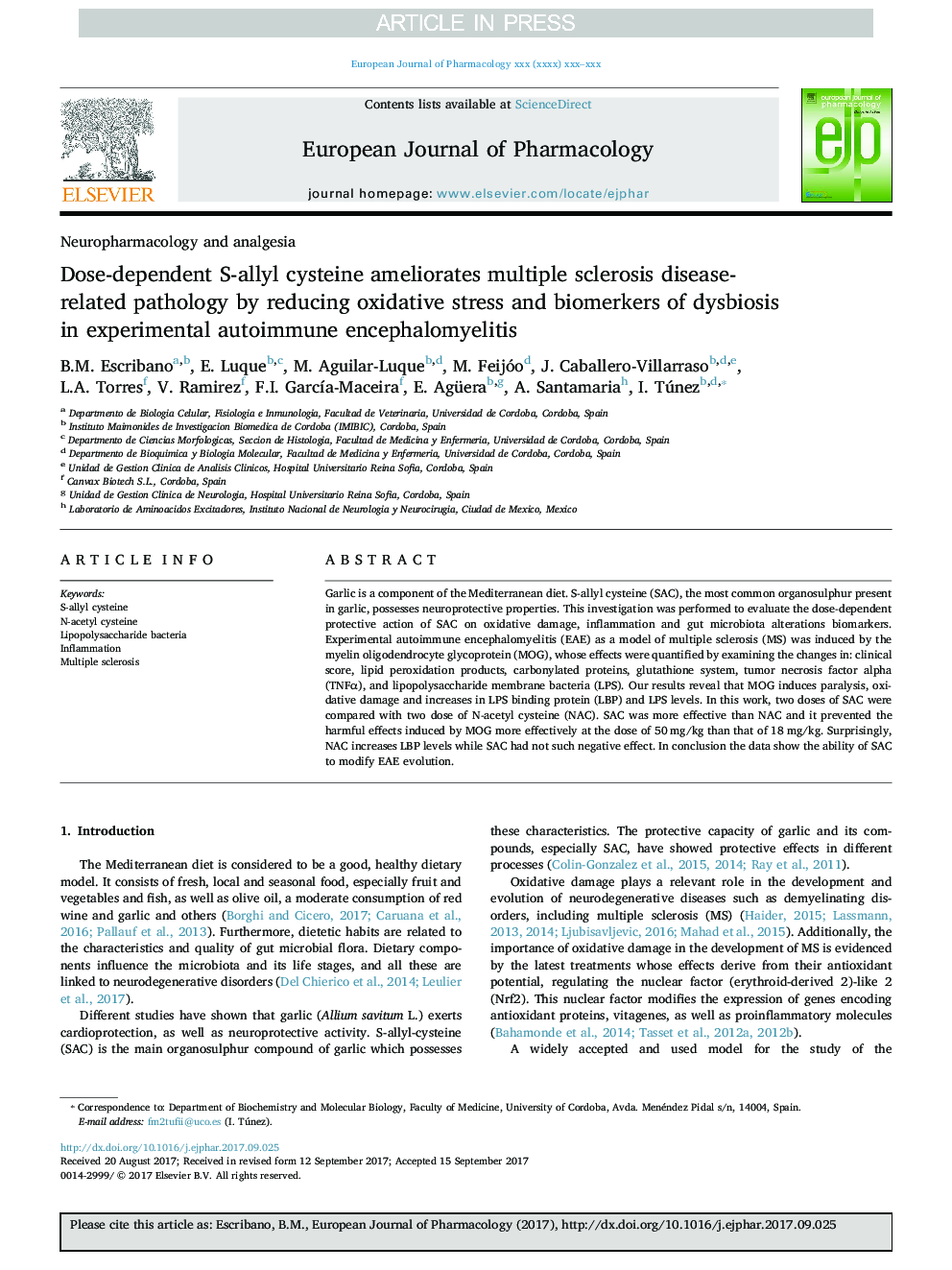 Dose-dependent S-allyl cysteine ameliorates multiple sclerosis disease-related pathology by reducing oxidative stress and biomarkers of dysbiosis in experimental autoimmune encephalomyelitis