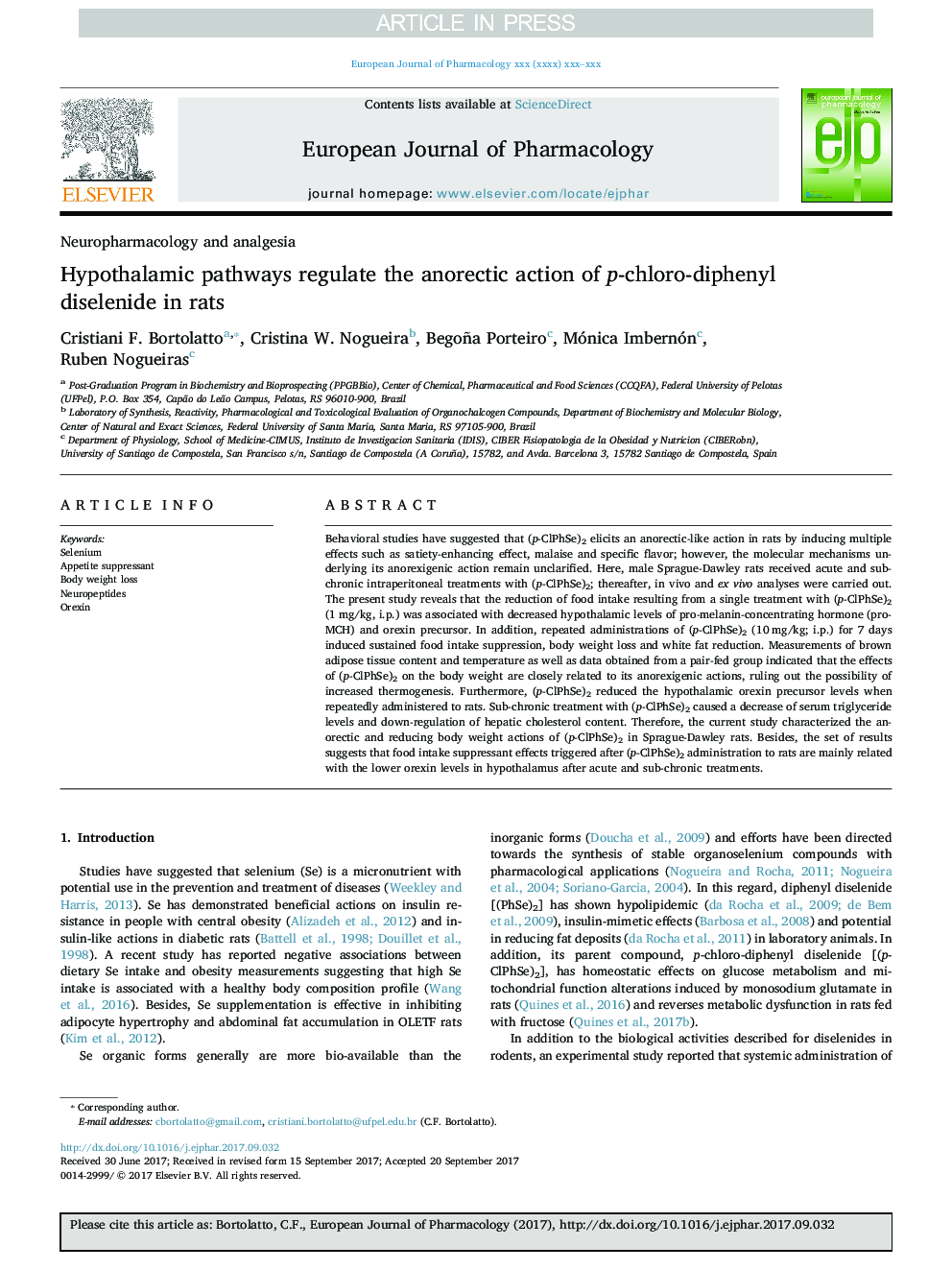 Hypothalamic pathways regulate the anorectic action of p-chloro-diphenyl diselenide in rats