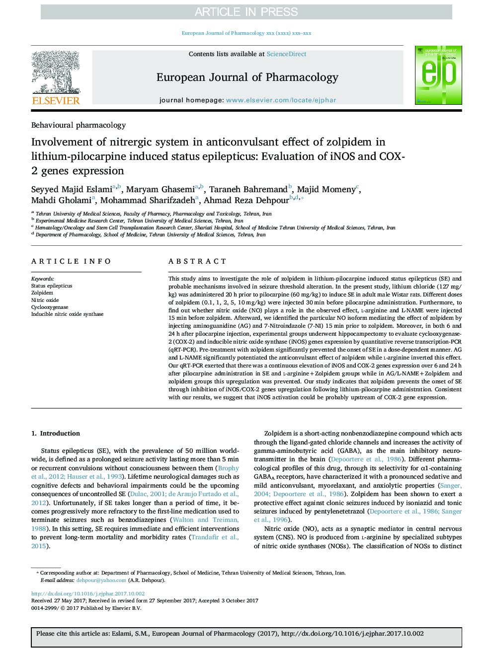 Involvement of nitrergic system in anticonvulsant effect of zolpidem in lithium-pilocarpine induced status epilepticus: Evaluation of iNOS and COX-2 genes expression