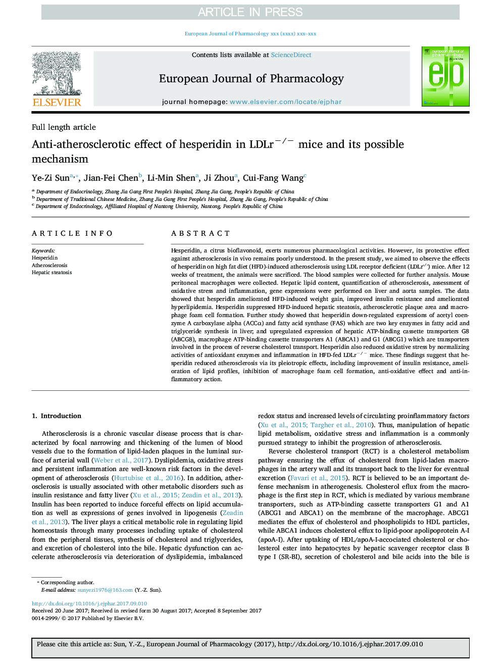 Anti-atherosclerotic effect of hesperidin in LDLrâ/â mice and its possible mechanism