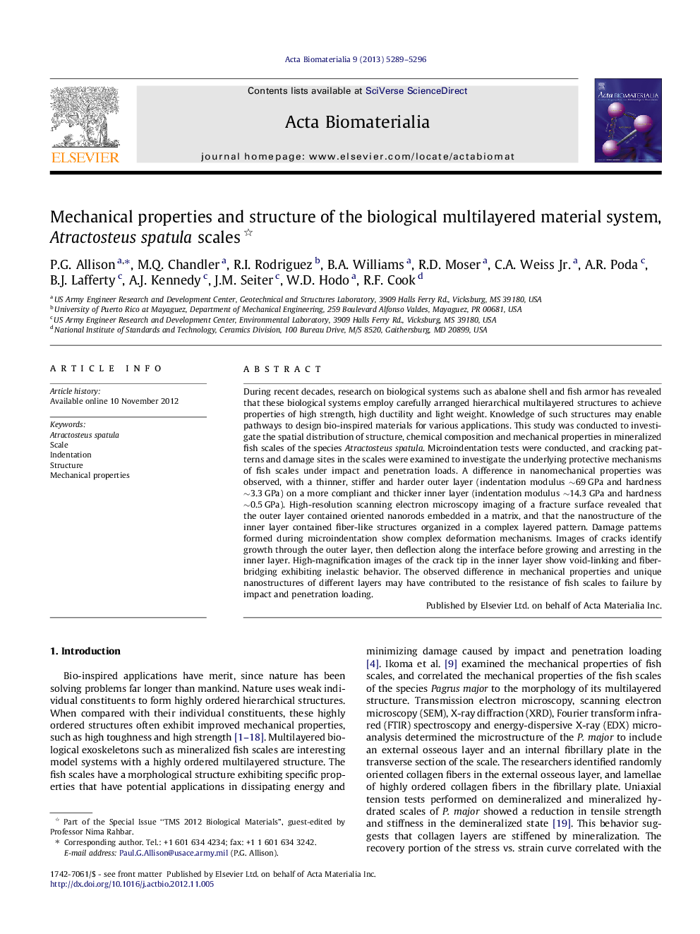 عکس صفحه اول مقاله: Mechanical properties and structure of the biological multilayered material system, Atractosteus spatula scales Mechanical properties and structure of the biological multilayered material system, Atractosteus spatula scales