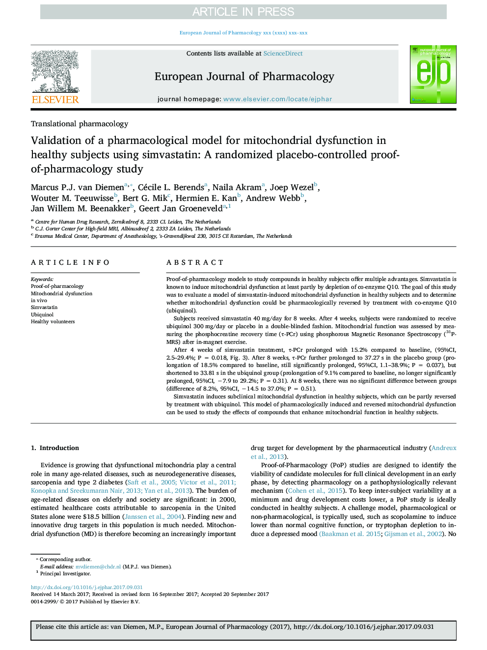 اعتبارسنجی یک مدل فارماکولوژیک برای اختلال عملکرد میتوکندری در افراد سالم با استفاده از سیمواستاتین: یک مطالعه اثربخشی فارماکولوژیک تحت کنترل دارونما 