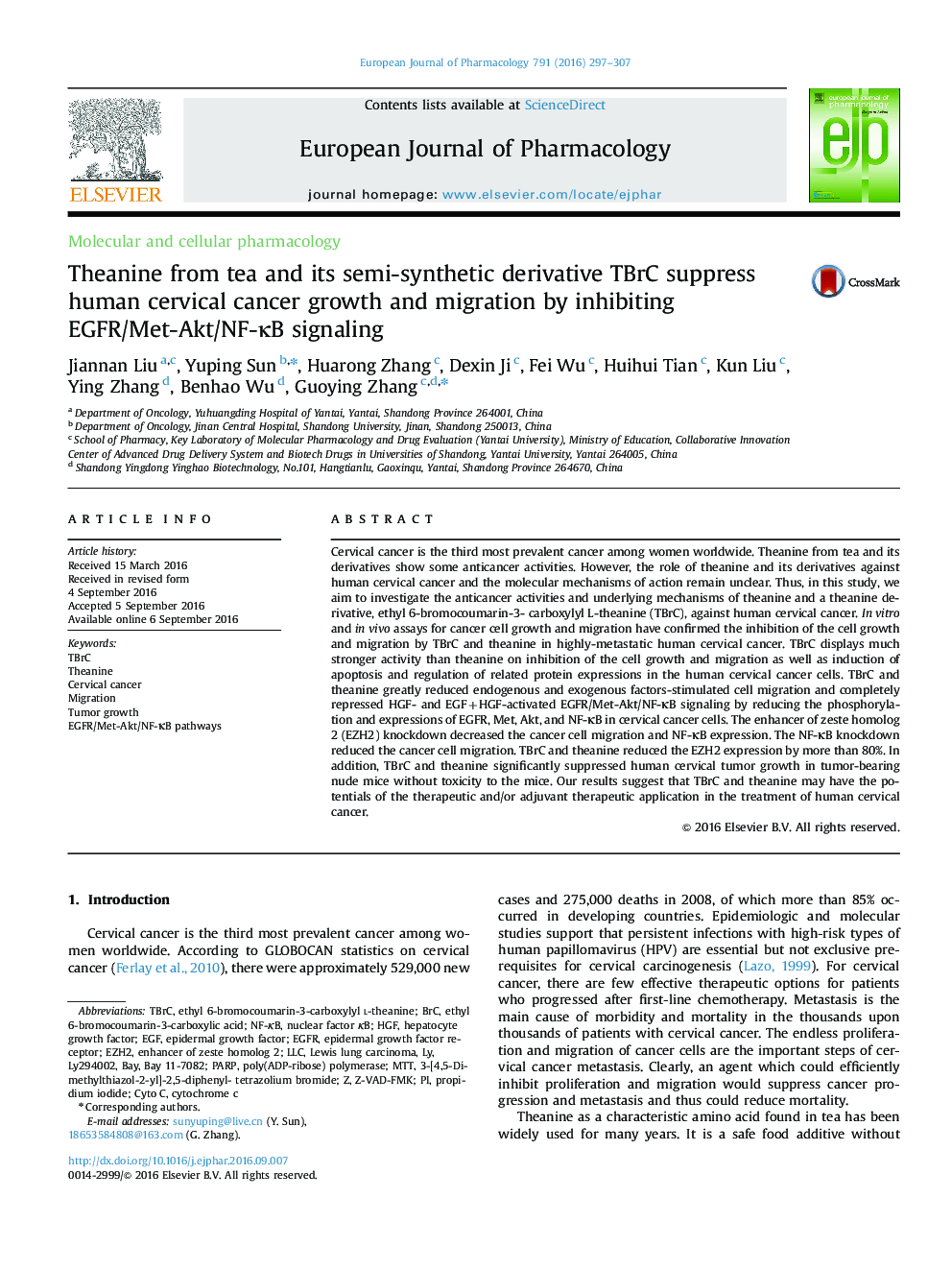 Theanine from tea and its semi-synthetic derivative TBrC suppress human cervical cancer growth and migration by inhibiting EGFR/Met-Akt/NF-ÎºB signaling