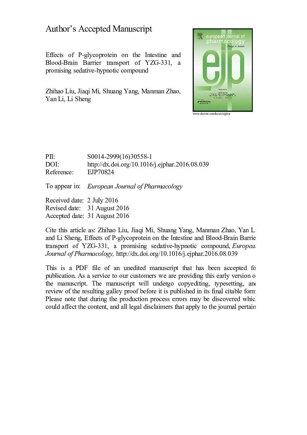 Effects of P-glycoprotein on the intestine and blood-brain barrier transport of YZG-331, a promising sedative-hypnotic compound